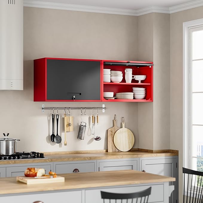 Yizosh Metal Garage Wall Cabinet with Doors and Shelves,Wall Mounted Metal Storage Cabinet, Floating Steel Tool Cabinet for Garage,Basement,Kitchen,Warehouse (Red Black,21.6 H)