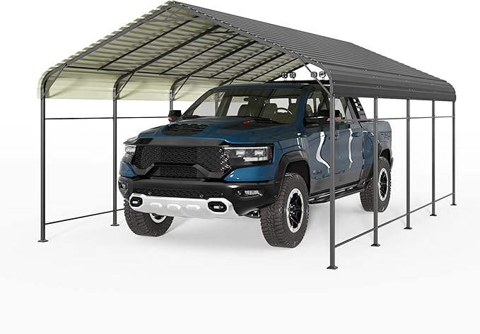 Greesum 12x20FT Metal Carport with Heavy Duty Frame and Galvanized Steel Roof, Round Carports with Side Support Rods, Canopy Shelter for Car, Pickup Trucks, Boats and Tractors, Party, Gray