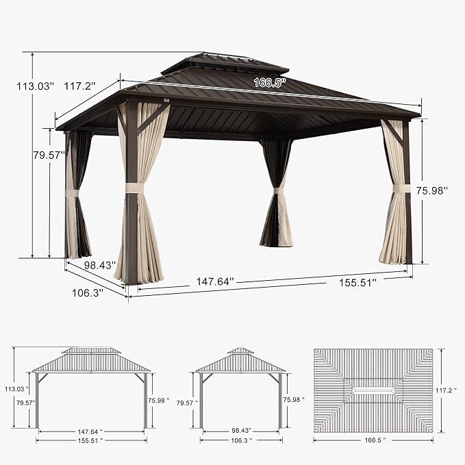 PURPLE LEAF 10’ X 14’ Outdoor Hardtop Gazebo Metal Frame Galvanized Steel Double Roof with Curtains and Nettings for Patio Desk Backyard Bronze