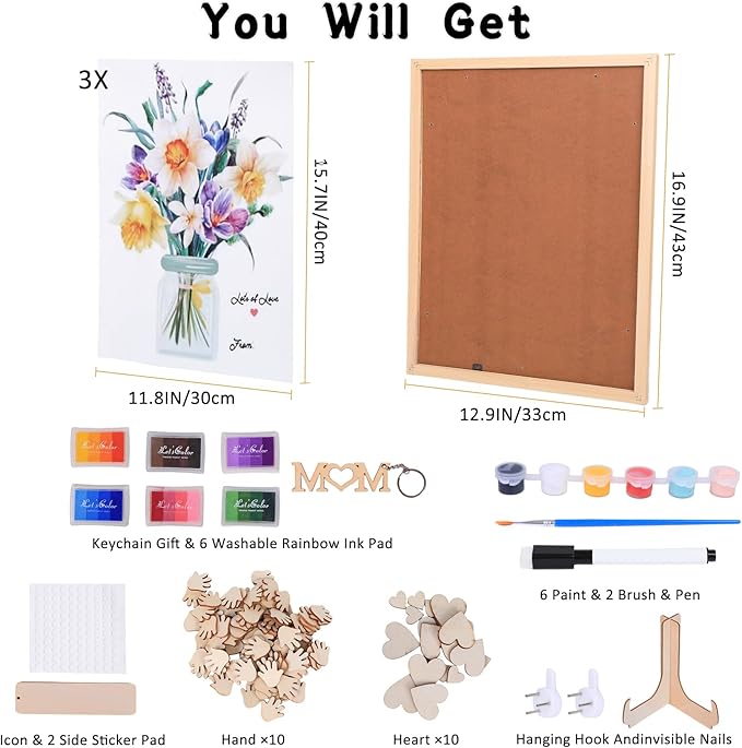 PANIED Mom Birthday Gifts - Flower Bouquet Handprint Art Craft DIY Kit, Unique Birthday Christmas Gifts and Decorations for Grandma(12X16in)