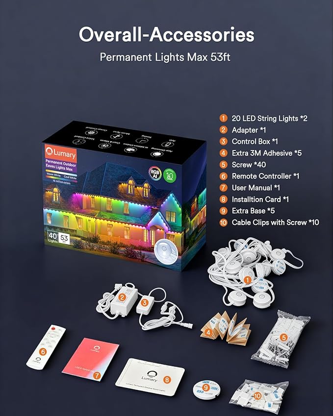Lumary Permanent Outdoor Lights Max 53ft with 40 LED Eave Lights RGBAICW 2400LM, IP67 Waterproof, IC Control and Scene Modes for Halloween Christmas Decoration, Works with Alexa and Google Assistant