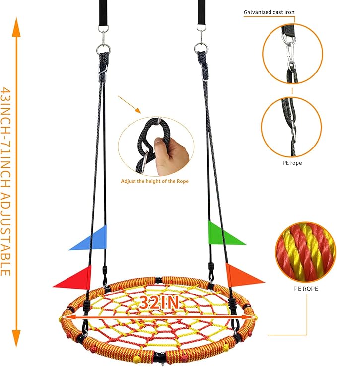 32 Spider Web Swing,Tree Swing for Kids Outdoor,Outdoor Large Web Swings£¬700Lb Weight Capacity, with 71 Detachable Nylon Rope Swivel£¬for Backyard, Playground (Red-y) (32in)