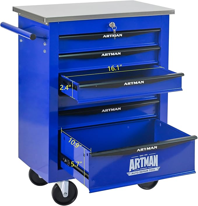 RYH 4/5/6/7 Drawers Rolling Tool Chest -Heavy Duty Mobile Metal Tool Box with Locking Wheels, with Stainless Steel Worktop, Garage Tool Storage Cabinet (Blue, 6-Drawers 30.7 H¡¿22.2 W)
