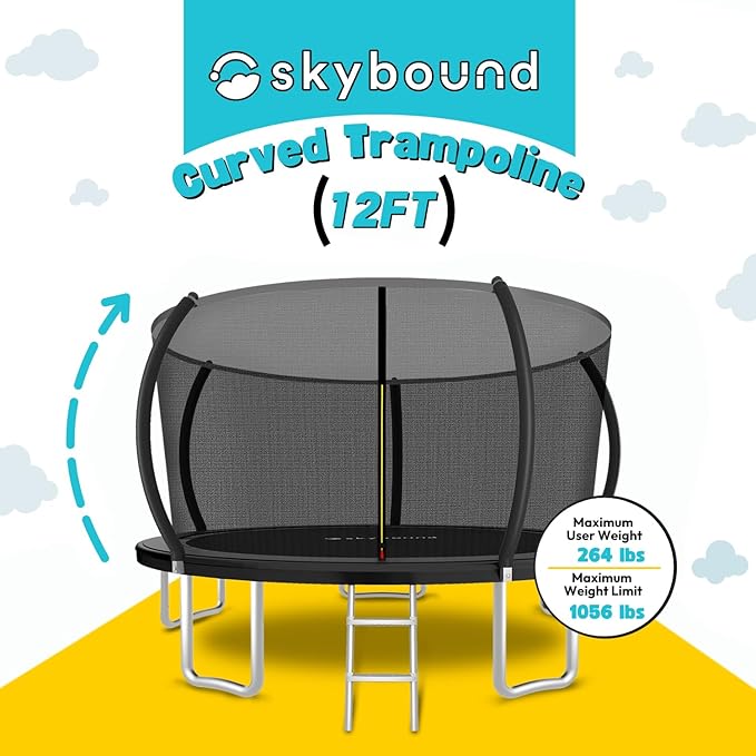 SkyBound Trampoline with Curved Safety Padded Poles - Large Outdoor Backyard ASTM Safety Approved Trampolines for Kids & Adults - Heavy Duty Recreational Outside Trampoline with Safety Net