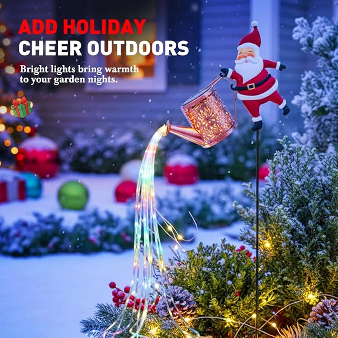 Christmas Santa Solar Kettle Lights Garden Lawn Decorative Lights, Hanging Metal Solar Santa Claus Watering Can Light for Outdoor, Xmas Yard Decor Lamp Vintage Lantern for Patio Path (Mix)