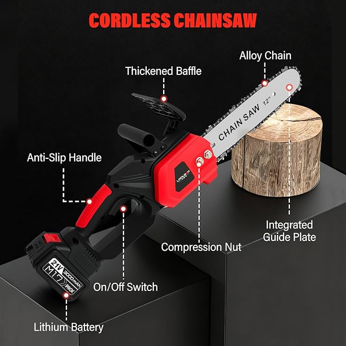 ALSO GO 12-inch Electric Chainsaw Cordless, 21V Battery Powered Chainsaw, Brushless Chain Saw with a 3.0Ah Battery, a Chain and a Charger Included, for Tree Trimming, Wood Cutting, Pruning