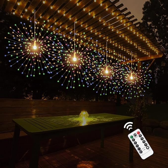 2 Pack Starburst Sphere Lights,200 LLED Firework Lights, 8 Modes Dimmable Remote Control Waterproof Hanging Fairy Light, Copper Wire Light for Patio Parties Christmas (Colorful)