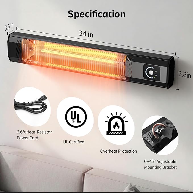 Wall-Mounted Electric Patio Heater, 34 1500W Infrared Heater With Motion Sensor, IPX5 Waterproof, 9 Heat Level & 9H Timer, Indoor & Outdoor Heaters for Patio, Backyard, Garage, and Decks