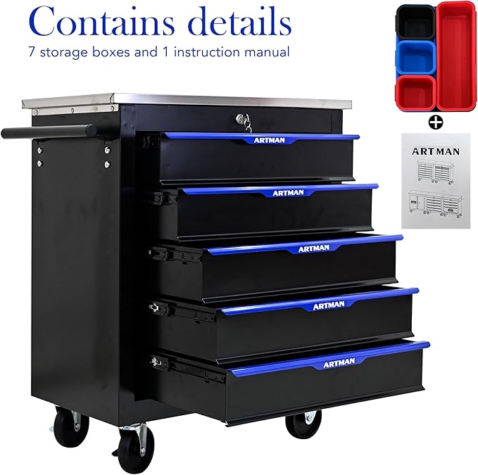 RYH 4/5/6/7 Drawers Rolling Tool Chest -Heavy Duty Mobile Metal Tool Box with Locking Wheels, with Stainless Steel Worktop, Garage Tool Storage Cabinet (Black-Blue, 5-Drawers 30.7 H¡¿25.9 W)