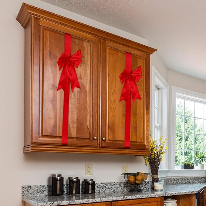 BBTO 6 Pcs Christmas Cabinet Door Red Green Festive Ribbons 8x40 Inches Large Bow Christmas Wreath Tree Bow Festival Wrapping Decorations for Home Fireplace Door Chair Holiday Party Supplies