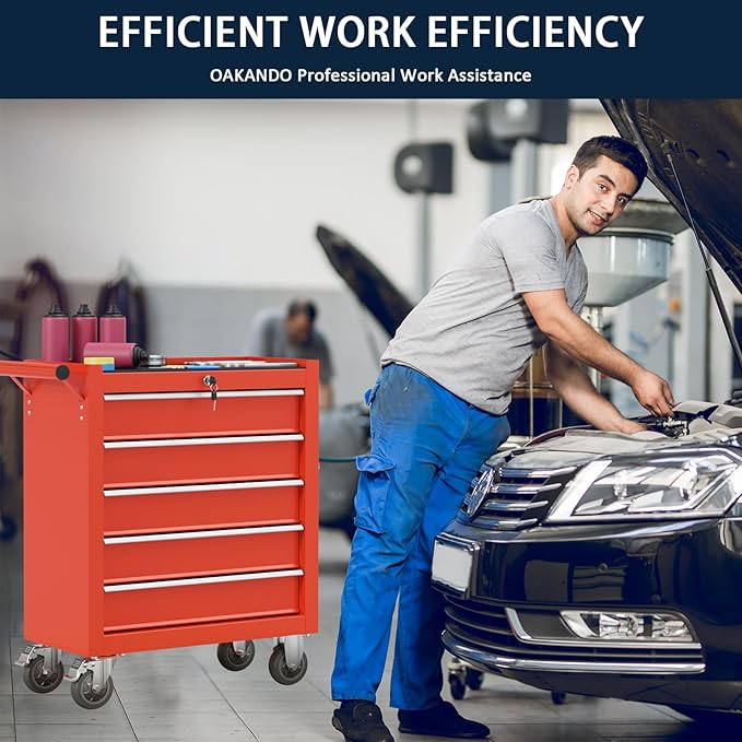5-Drawer Metal Rolling Tool Chest with Wheels,Tool Storage Cabinet with Locking System£¬Toolbox with Wheels for Garage, Warehouse, Workshop, Repair Shop (Red, 5-Drawer)