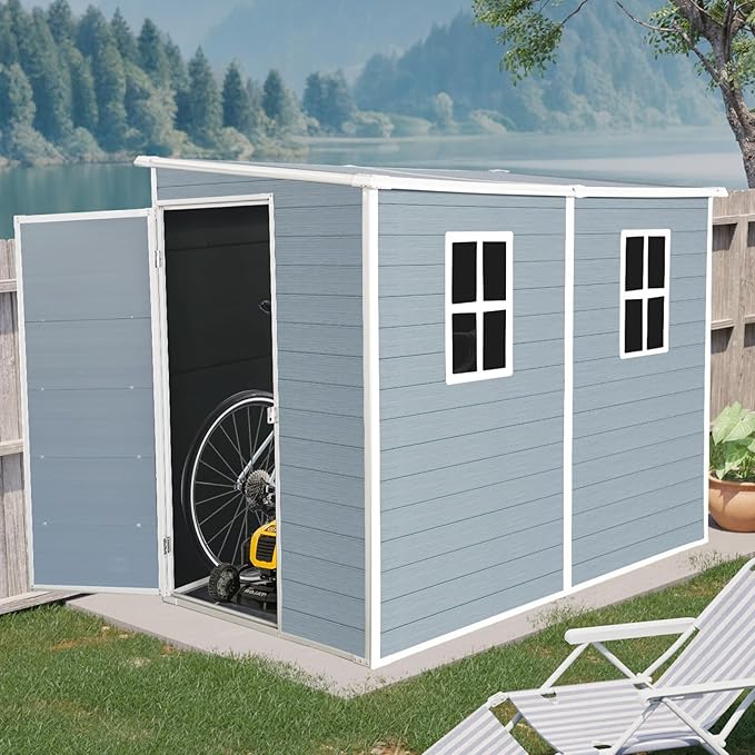 4x8 FT Resin Storage Sheds Outdoor with Floor, 2 Windows & Lockable Door Storage Shed - Waterproof Garden Tool Shed, Patio & Backyard Tool Storage Cabinet Use - Grey