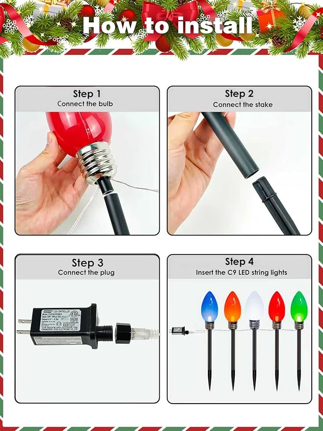 10 Pack Large C9 Christmas Decorations Outdoor, Waterproof C9 Christmas Lights Plug in with 2 Modes and Timer, Pathway Light for Party Indoor Courtyard Patio Lawn Garden Xmas Decoration (Multicolor)