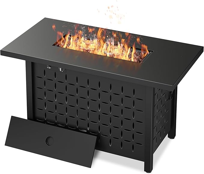 Vongrasig 43 Inch Propane Fire Pit, Outdoor Gas Fire Pit Table with Lid, Lava Rock, 50,000 BTU 2 in 1 Rectangular Table Top Firepit for Patio, Deck, Garden, Backyard