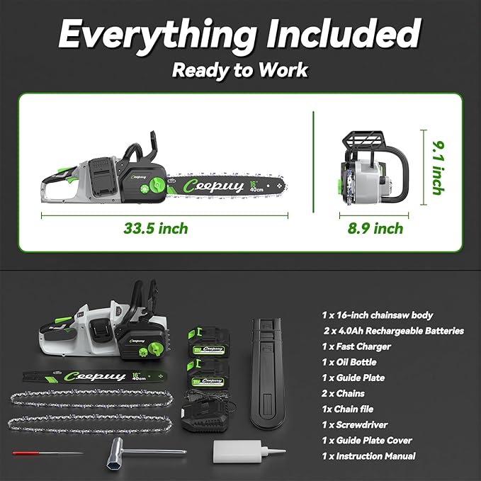 16-inch Electric Chainsaw Cordless, Handheld Chain Saws with 2 x 4.0Ah Battery, Tree Saw with Tool-free Chain Tension, Auto Oiling for Wood Cutting Trimming Branch