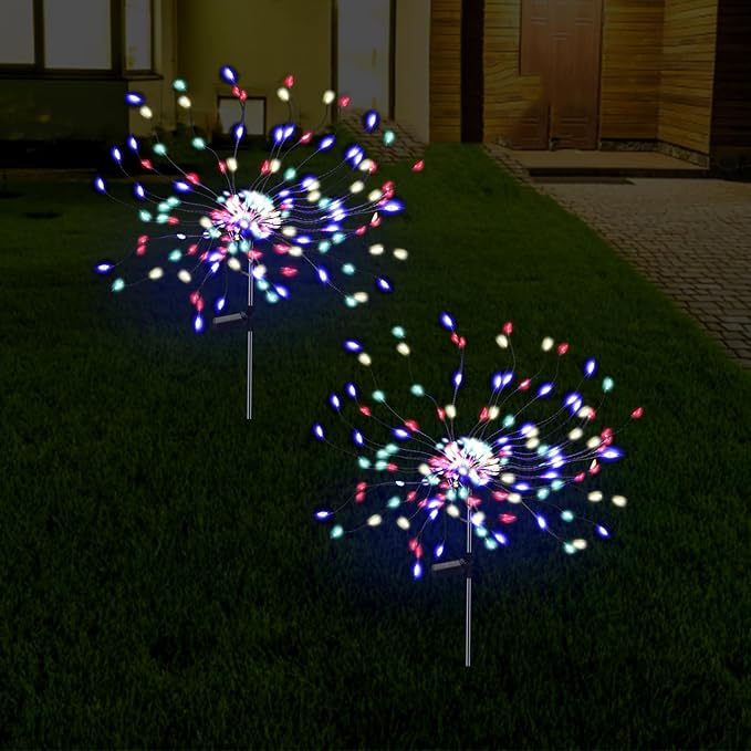 2 Pack 175 LED Solar Firework Lights Outdoor, 4th of July 2 Modes Solar Garden Light Waterproof Twinkling Light, Starburst Lights for Landscape Path Halloween Christmas Decor (Colorful)