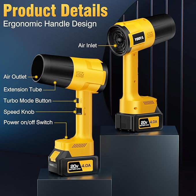 Leaf Blower Cordless, Handheld Leaf Blower with 2 Battery and Charger, 6 Speed Modes, Lightweight Blower for Patio, Lawn, Yard, Dust, Blowing Leaves,Yellow