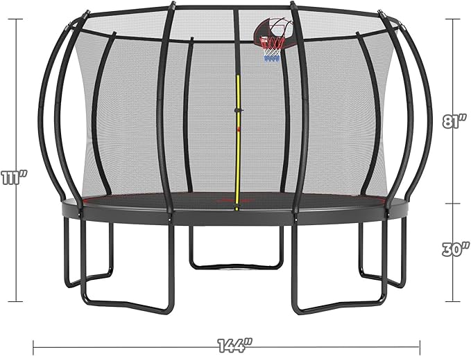 Lyromix 12 14 15 16FT Outdoor Trampolines for Kids and Adults, Pumpkin Trampolin with Curved Poles, Recreational Trampolin with Basketball Hoop and Safety Enclosure Net for Kids and Adults