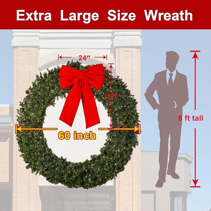 Solar Extra Large Christmas Wreath 60inch 400 LED Pre-Lit Led Artificial Wreath Outdoor Store Christmas Decorations Lighted Christmas Wreath for Home Wall Decor Party Decorations(6001)