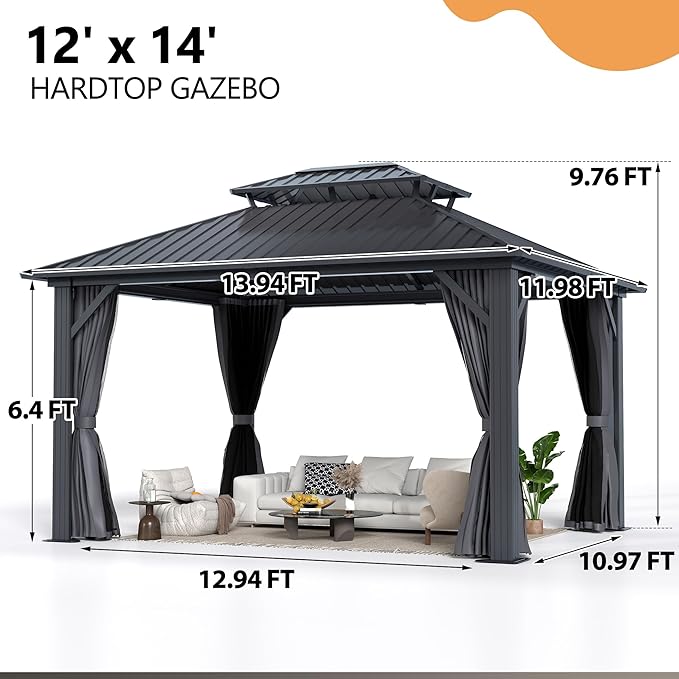 12'x14' Hardtop Gazebo, Outdoor Double Roof Galvanized Steel Gazebo, Aluminum Frame Permanent Pavilion with Curtains & Netting for Backyard, Patio, Deck (12x14)