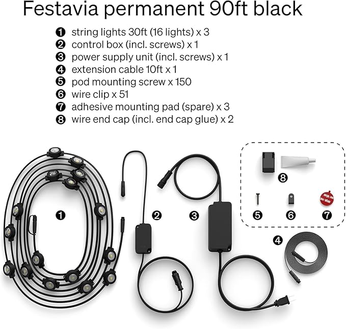 Philips Hue Festavia 90ft Permanent Outdoor String Lights, 48 Dimmable Lights, 55 Lumens Each, Weatherproof, Water-Resistant, Black Wire, Color Ambience, Bridge Required