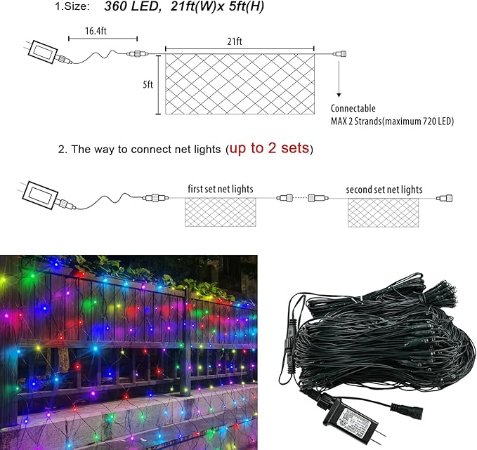OYCBUZO 360LED Colorful Christmas Net Lights, 21ft x 5ft Connectable String Mesh Lights 8 Modes, Waterproof Christmas Light Outdoor for Xmas Tree Bushes Garden Holiday Party - Multicolour