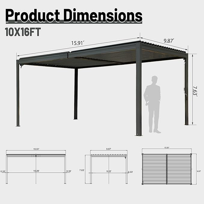 10’ x 16’ Louvered Pergola, Outdoor Pergola Aluminum Frame with Adjustable Rainproof Metal Roof, Permanent Sun Shade with Drainage System for Backyard, Garden and Lawn (Grey)