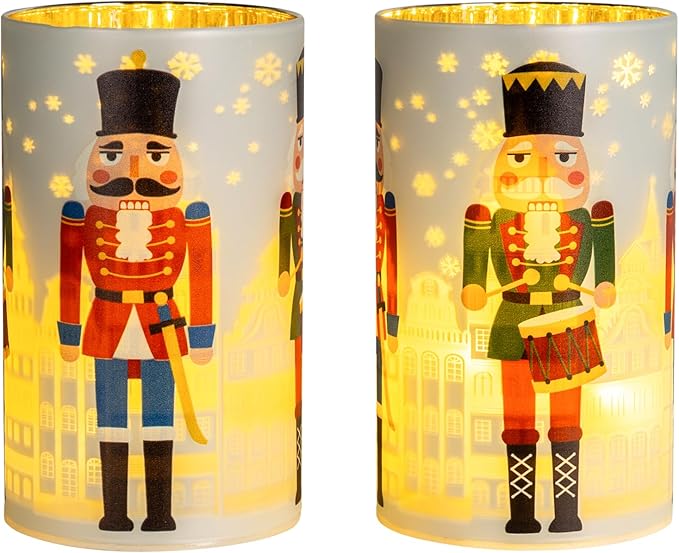 Christmas Decorations Indoor,Battery Operated Mercury Glass Latern,LED Lights Cylinder with Nutcracker Patterns,Christmas Decor for Table,Gifts for Kids (Nutcracker White)