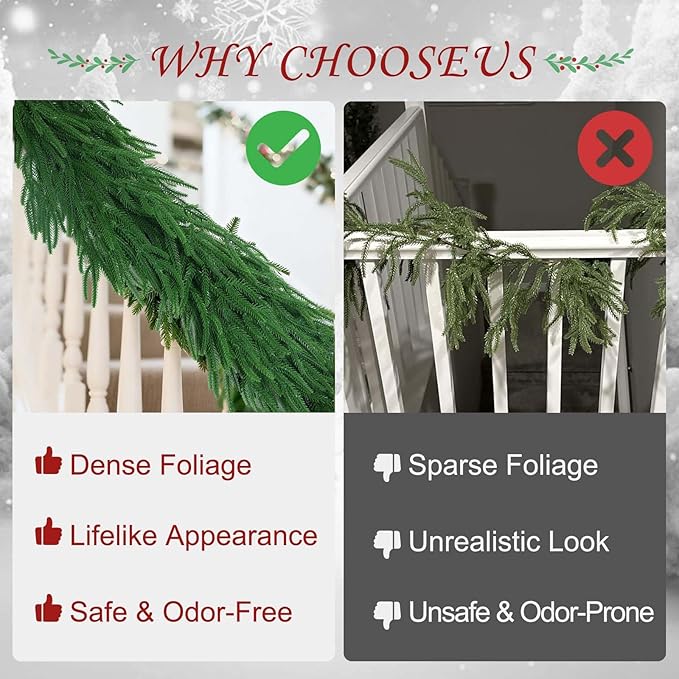 2Pcs 9FT Christmas Norfolk Pine Garland, Greenery Real Touch Decorations for Mantle Table Staircase Fireplace Mantel Porch Banister Holiday Home Winter Faux Xmas Garland Winter Indoor Outdoor Decor