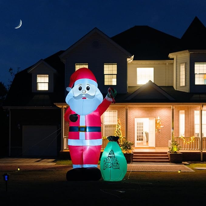 12FT Giant Christmas Blow Up Santa Claus Outdoor Decorations, with Cane Candy & Gift Bag, Built-in LED Lights, Christmas Inflatable Decors, Easy Setup for Outdoor Yard Lawn Holiday Decoration