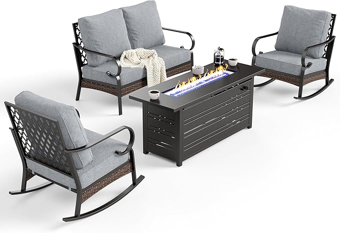 4 Piece Metal Outdoor Patio Furniture Sets with Firepit Table, Patio Conversation Sets 1 2-Seater Sofa, 2 Rocking Sofa with 5.75" Cushion Black Backyard Furniture for Deck, Gray