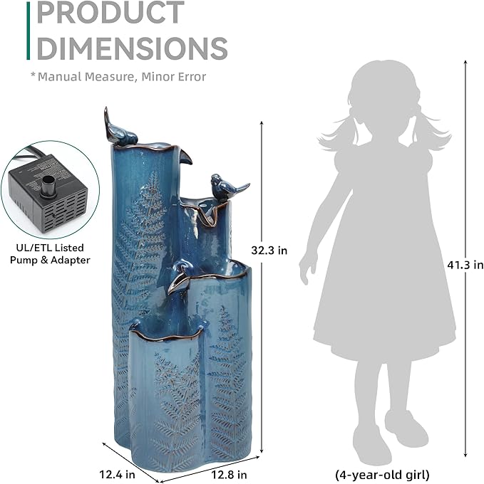 Autodaya 32" Tall Outdoor Fountain, Ceramic Vase Water Fountain withs Lights, 4-Tier Waterfalls with Birds, Tranquil Oasis for Garden Patio Yard Deck Balcony Decor, Tropical Fern, Turquoise Glaze