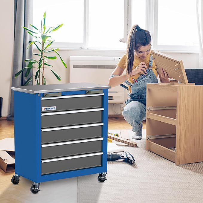 LARBANKE 5-Drawer Rolling Tool Chest,Tool Cabinet on Wheels with Keyed Locking System and Drawer Liners,Tool Chest with Link Buckle and can be Combined to Large Cabinet Set,for Warehouse,Garage