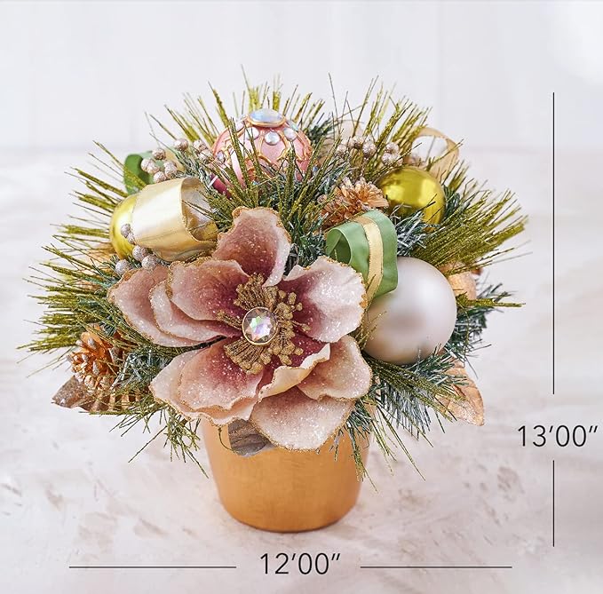 Holiday Tree Christmas Centerpiece - Blush Magnolia Arrangement with Pot Handcrafted - Jeweled Glittery Magnolia, Golden Pinecone, Ribbon, and Greenery Pine Needle (13")