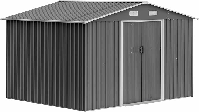 10x8 FT Sheds & Outdoor Storage Shed with Floor Frame, Metal Shed Included Lockable Sliding Door and Air Vents Foundation Steel Garden Shed with Waterproof Roof Ideal for Backyard Patio (Dark Gray