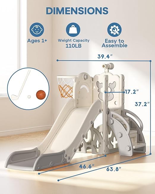 BIERUM Toddler Slide for Kids,6-in-1 Indoor Outdoor Toddler Slides Playground with Basketball Hoop, Golf Game & Telescope, L-Shaped Baby Slide Climber Playset, Cream&Gray