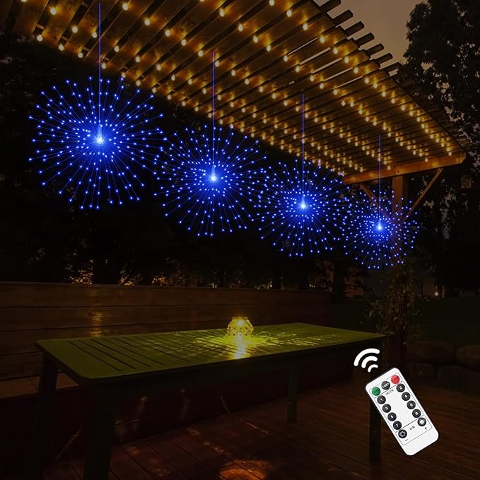 2 Pack Starburst Sphere Lights,200 LLED Firework Lights, 8 Modes Dimmable Remote Control Waterproof Hanging Fairy Light, Copper Wire Light for Patio Parties Christmas (Blue)