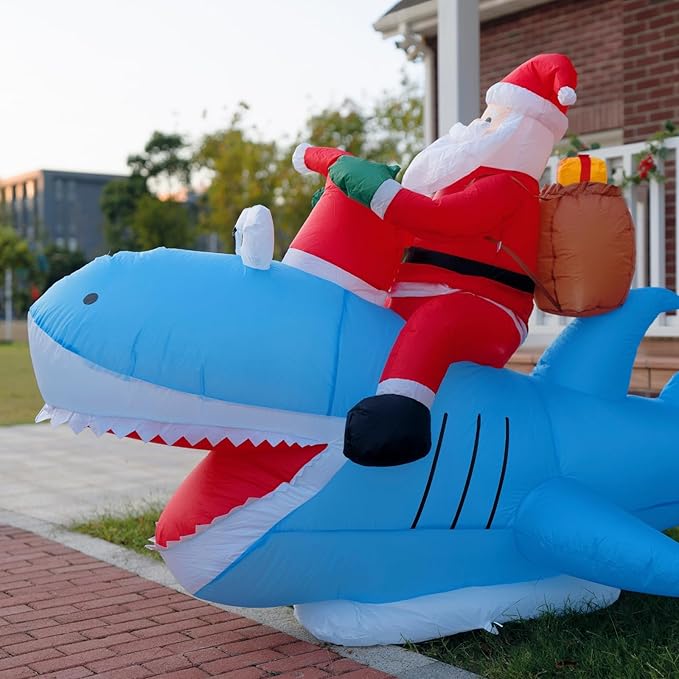 Christmas Inflatables Outdoor Decorations, 8.5 FT Funny Inflatable Santa Riding Shark, Christmas Blow Ups Yard Decor Outdoor Indoor Garden Lawn, Xmas Decor