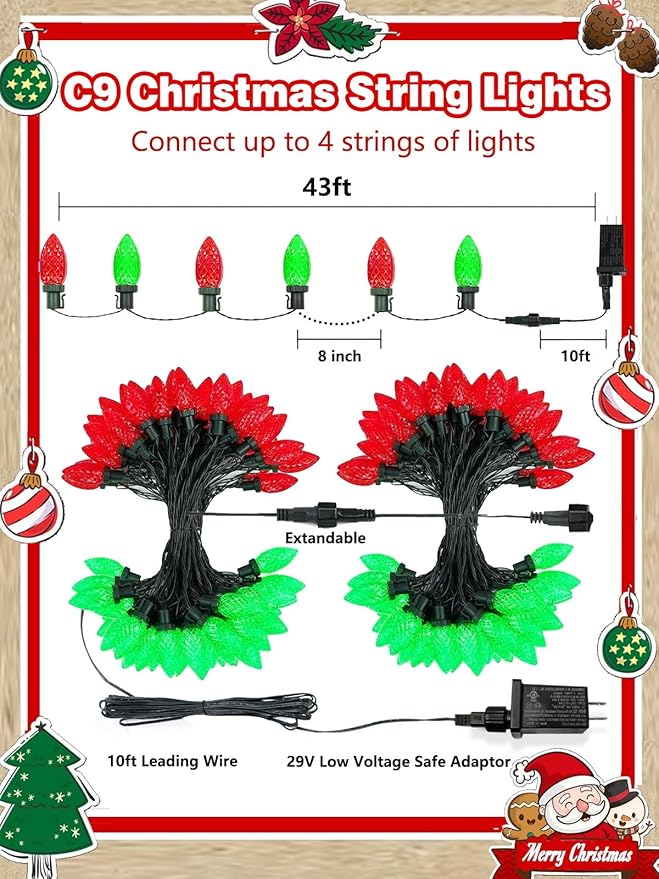 2 Pack 66FT 100LED Extendable C9 Christmas Lights Outdoor/Indoor, Waterproof Christmas String Lights Plug in, Green Wire LED Fairy Lights for Xmas Tree Garden Patio Wedding Party Decor (Red and Green)