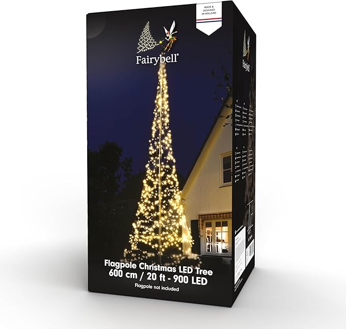 Fairybell - Flagpole LED Christmas Tree - Outdoor Christmas Decorations - Warm White - 900 LED Tree - 20ft - Suitable for Existing Flagpoles