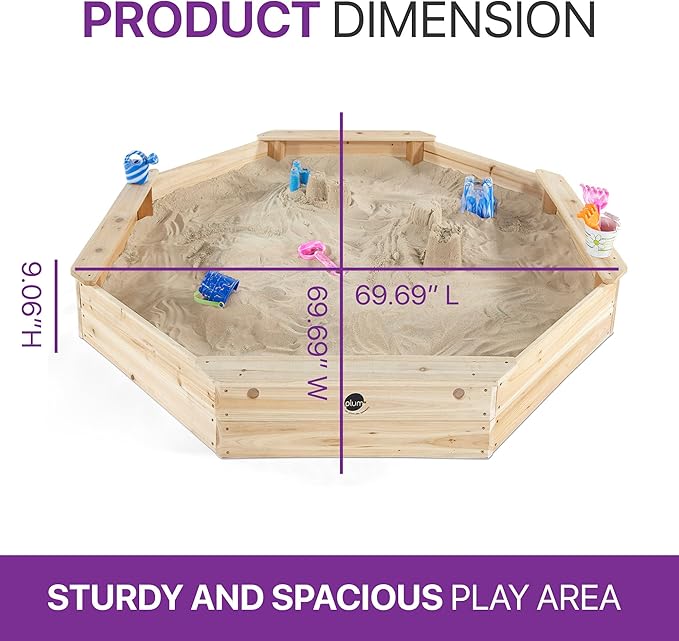 Plum Wooden Large Sandbox with Cover - Outdoor Octagon Sand Box for Kids, Toddler Sensory Toys, Outdoor Wooden Sand Pit with Seat Boards and Bottom Liner, Weatherproof, Easy Assembly, Ages 3+ Years