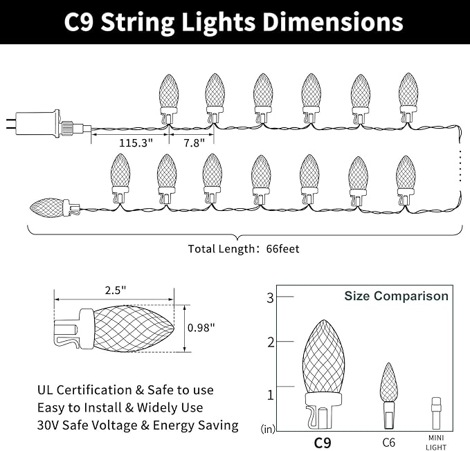 ZAIYW C9 Christmas String Lights 66ft 100 LED Strawberry Lights UL Plug C9 String Lights Green Wire Waterproof for Outdoor Roof Eaves Garden Yard Xmas Decor (Cool White)