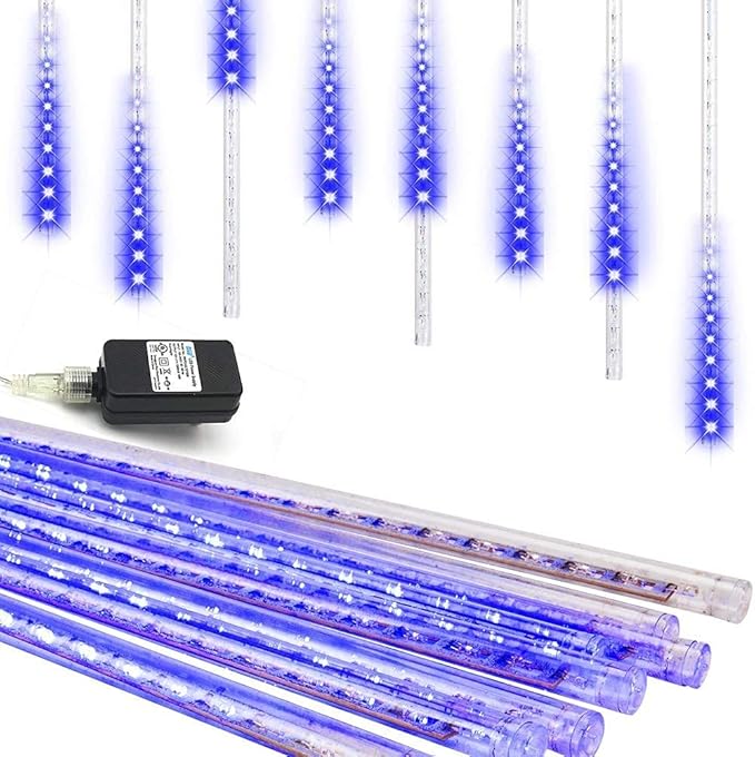 Christmas Lights Outdoor 32 Tubes 768 LEDs Meteor Shower Lights UL Certified Snow Falling Rain Drop Icicle String Light for Xmas Tree Halloween Decorations Wedding Party Garden Decor, Blue