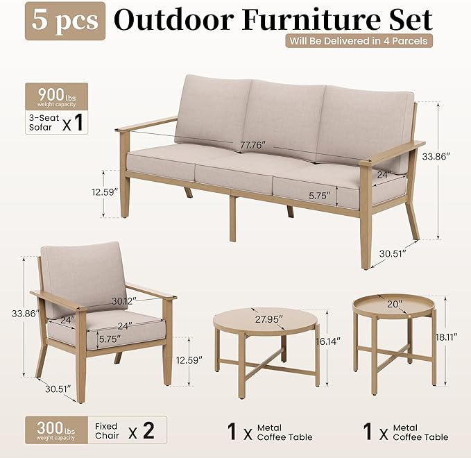 Patio Conversation Set,5 Pcs Metal Outdoor Furniture with 3-Seater Sofa,2 Single Chairs,Metal Nested Table and 5.75" Extra Thick Cushion for Lawn Garden Backyard,Beige