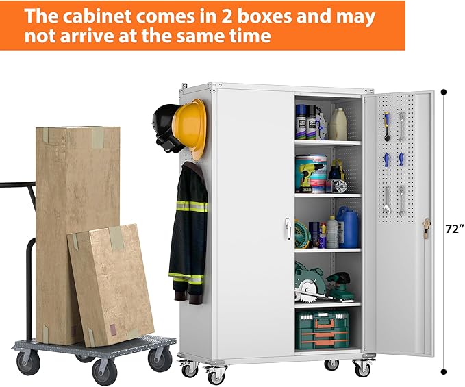 Aobabo Extra Large Garage Storage Cabinet on Wheels, Metal Storage Cabinets with 4 Adjustable Shelves, 3 Pegboards and 2 Tool Pouches for Home Office Stash, Assembly Required