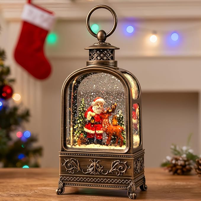 10.2 Christmas Snow Globe Santa Claus, Musical Snow Globe Lantern with 6H Timer Battery & USB Powered, Retro Style Holiday Glitter Snow Globes for Xmas Home Decoration Indoor Holiday Party Gifts