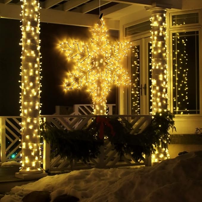 DBFAIRY 27" Christmas Big Snowflake Hanging Lights Outdoor Christmas Lights Plug in Window Snowflake Sculpture Light with Long 16.8ft Leading Cable for New Year Wall Window Porch Decor