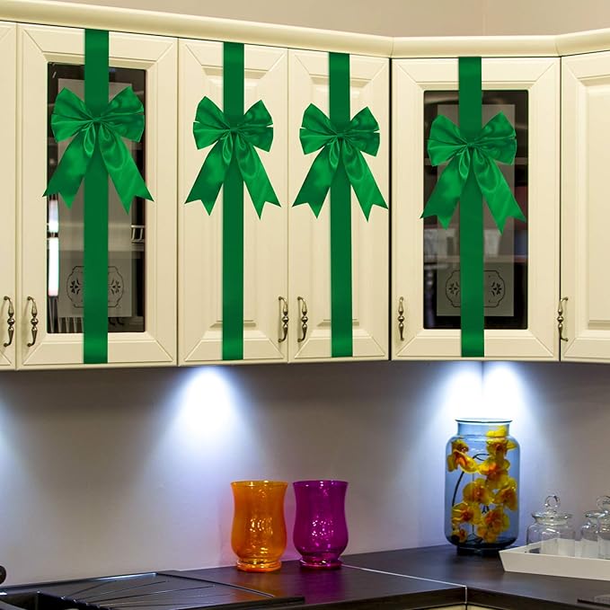 BBTO 6 Pcs Christmas Cabinet Door Green Ribbons 8x40 Inches Festive Large Bow Christmas Wreath Tree Bow Festival Wrapping Decorations for Home Fireplace Door Chair Holiday Party Supplies