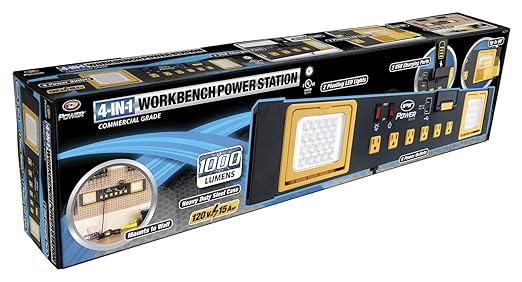 Performance Tool W2279 Commercial Grade Power Station with 6 Outlets, 2 USB Ports, Built-In Cradle, and LED Lights, Ideal for Workshops and Garages