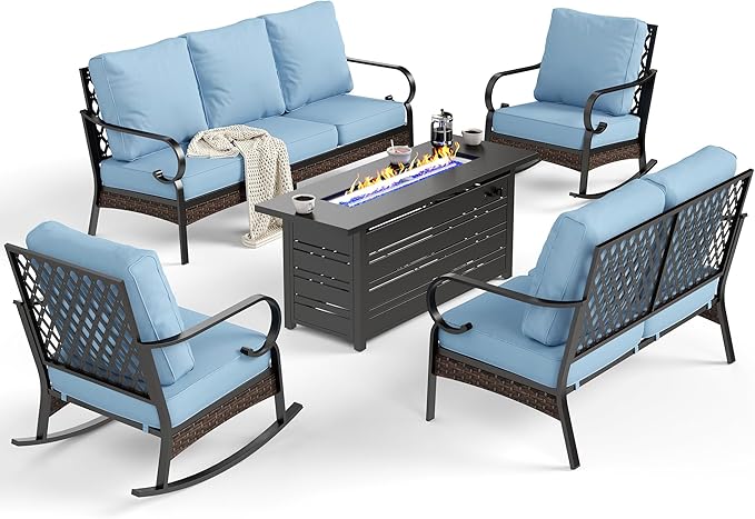 5 Piece Metal Outdoor Patio Furniture Set with Firepit Table, Patio Conversation Set 1 3-Seater Sofa, 2-Seater Loveseat, 2 Rocking Chairs with 5.75" Cushion for Backyard Deck, Blue